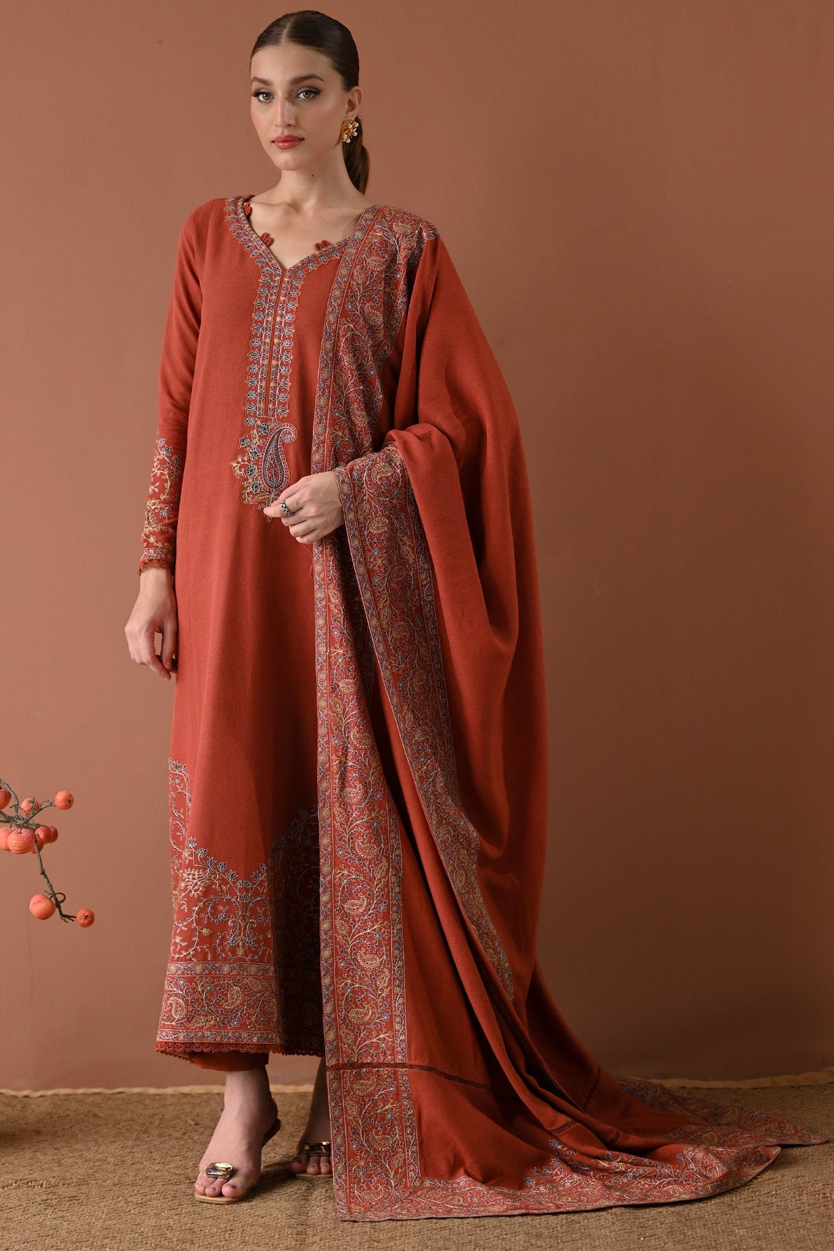 BATIK-3PC DHANAK EMBROIDERED SHIRT WITH DHANAK EMBROIDERED SHAWL AND TROUSER-BIC