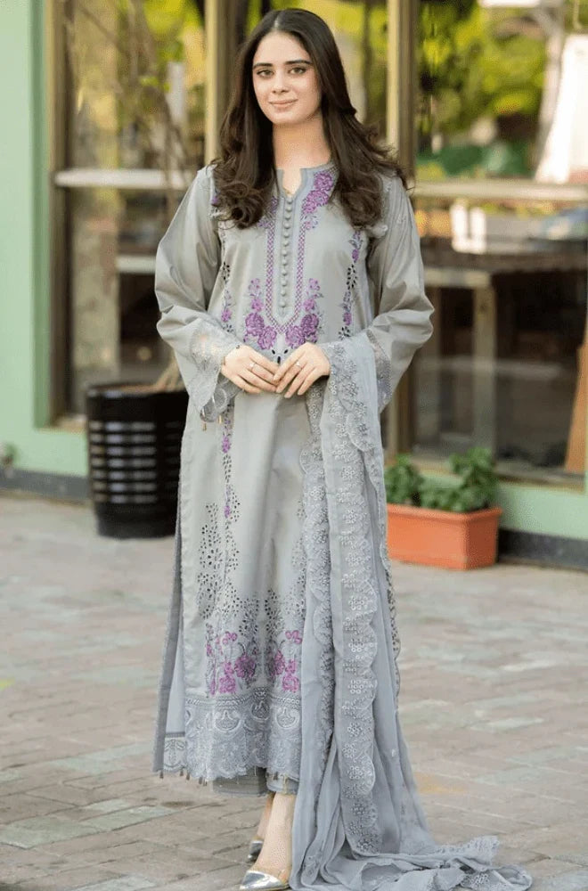 Mushq - 3PC Lawn Chikankari Embroidered Shirt With Chiffon Embroidered Dupatta And Trouser - SS02890
