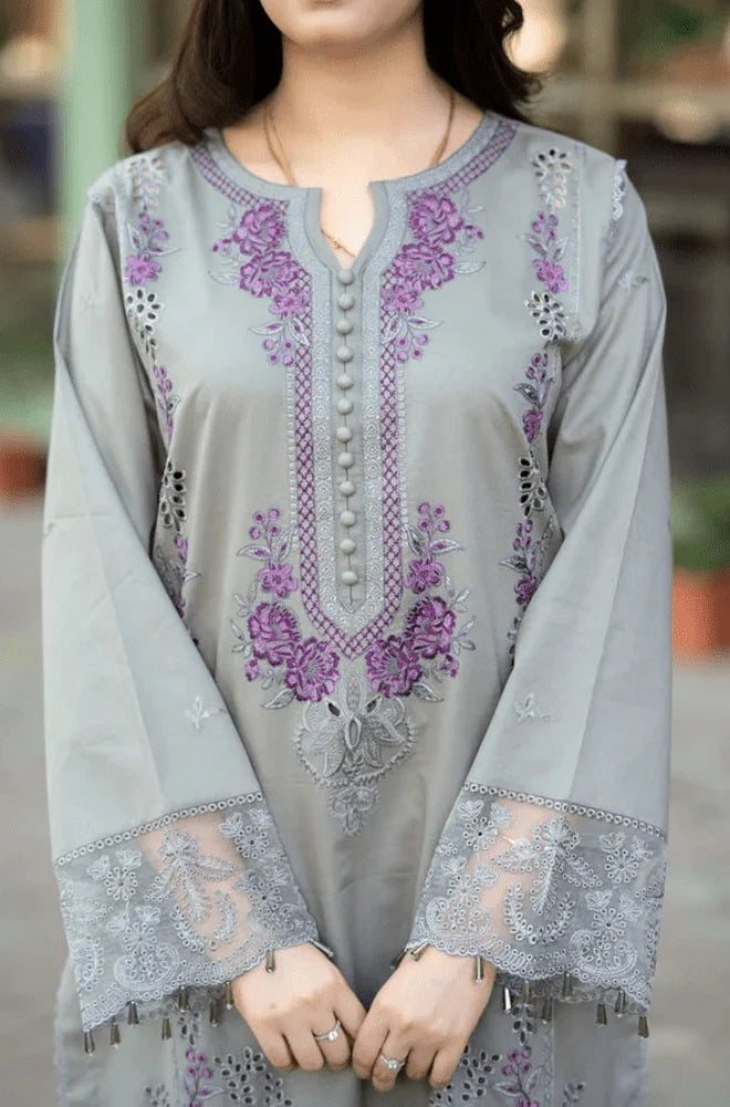 Mushq - 3PC Lawn Chikankari Embroidered Shirt With Chiffon Embroidered Dupatta And Trouser - SS02890