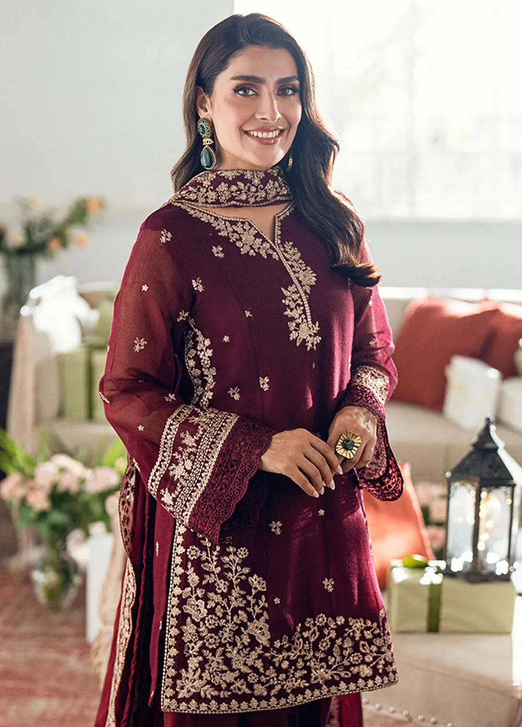 Azure Luxury Chiffon Embroidered Unstitched 3 Piece - Berry Dusk