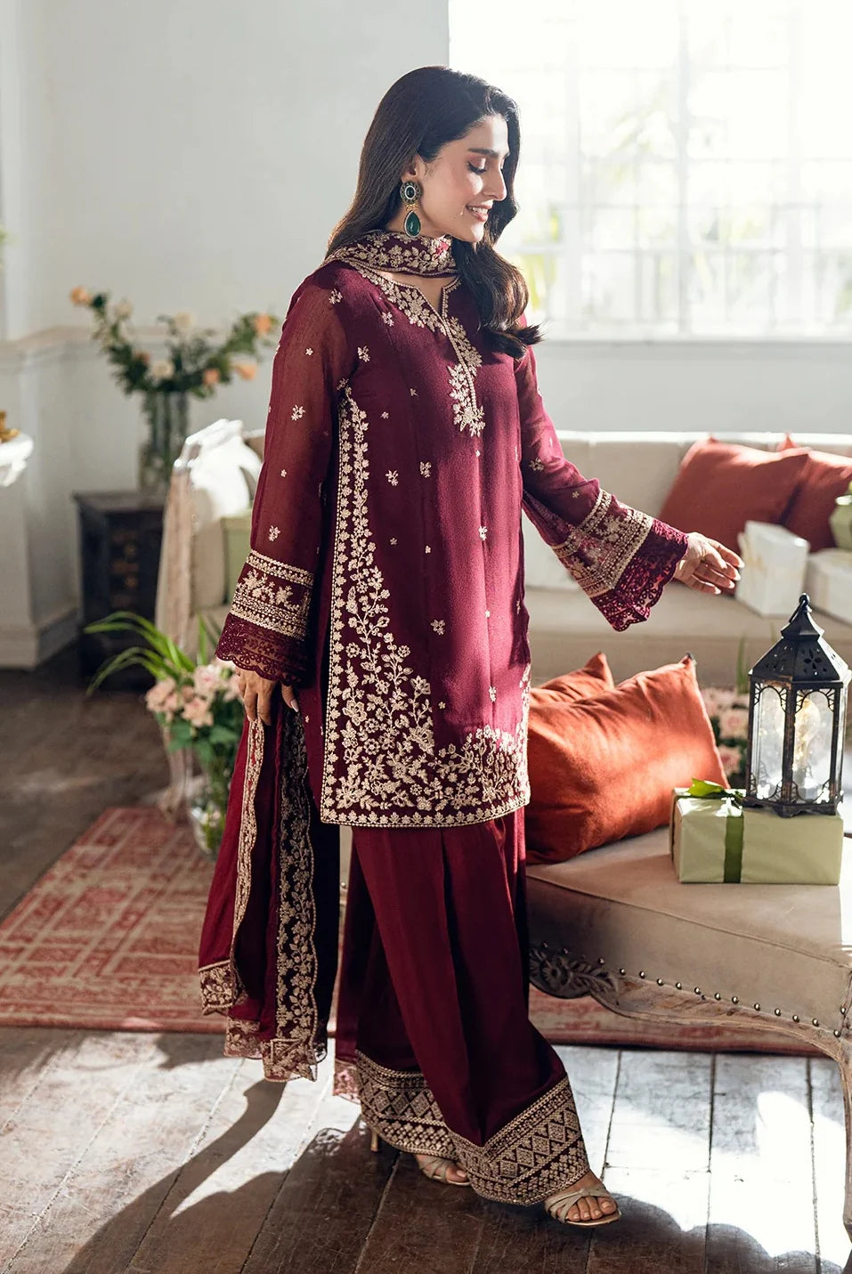 Azure Luxury Chiffon Embroidered Unstitched 3 Piece - Berry Dusk